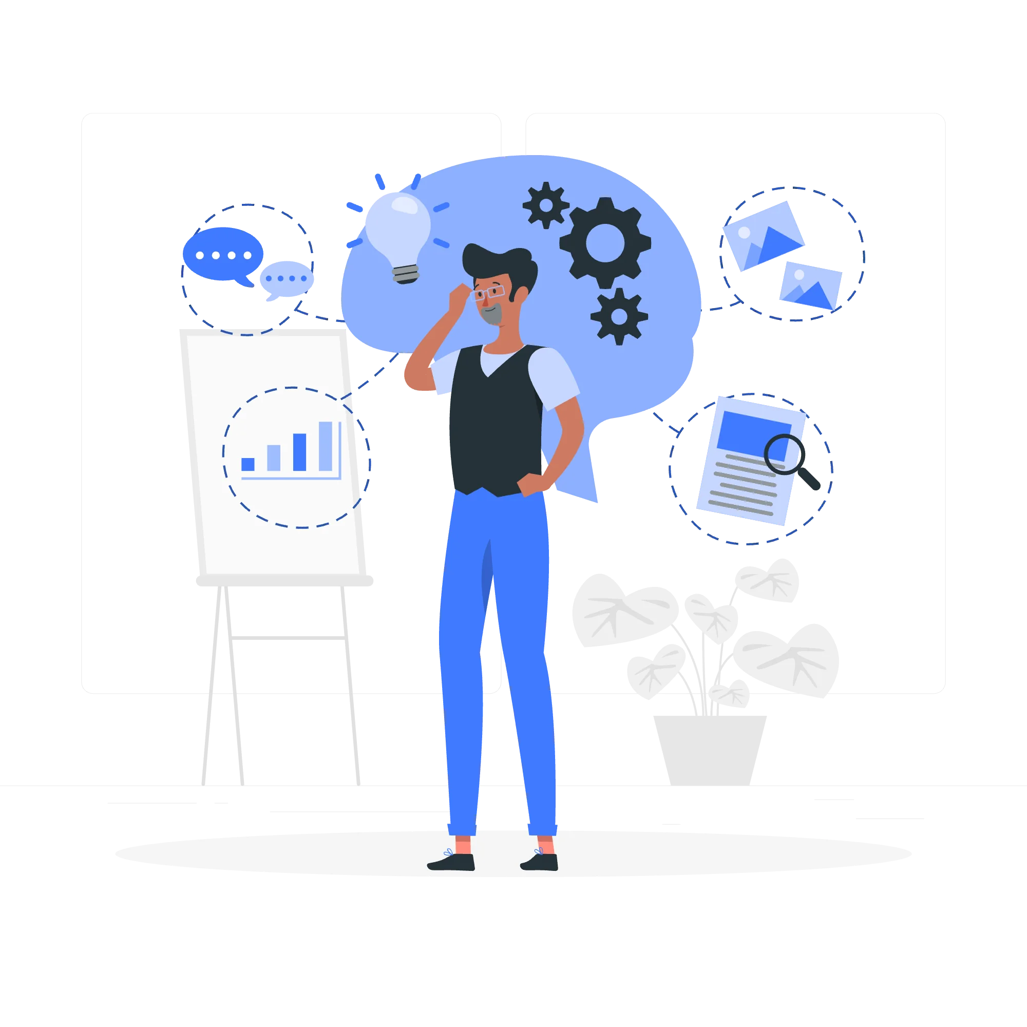 Illustration of a person weighing options — lightbulb, gears, charts, and document icons bubbling around their head