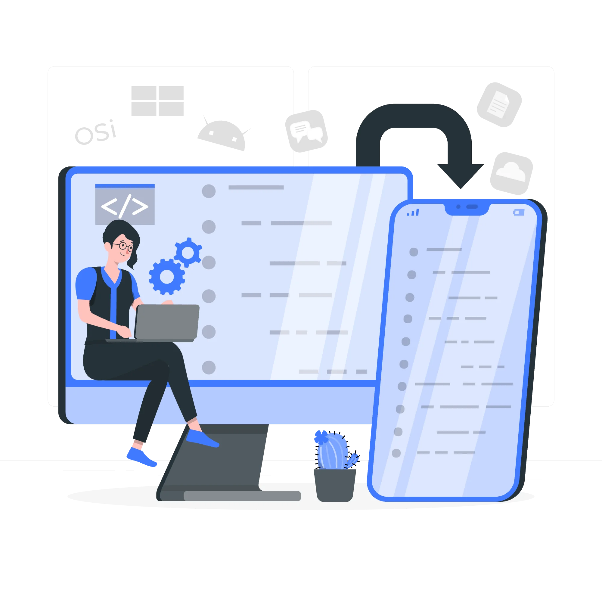 Illustration of a developer working with cross-platform software on a laptop