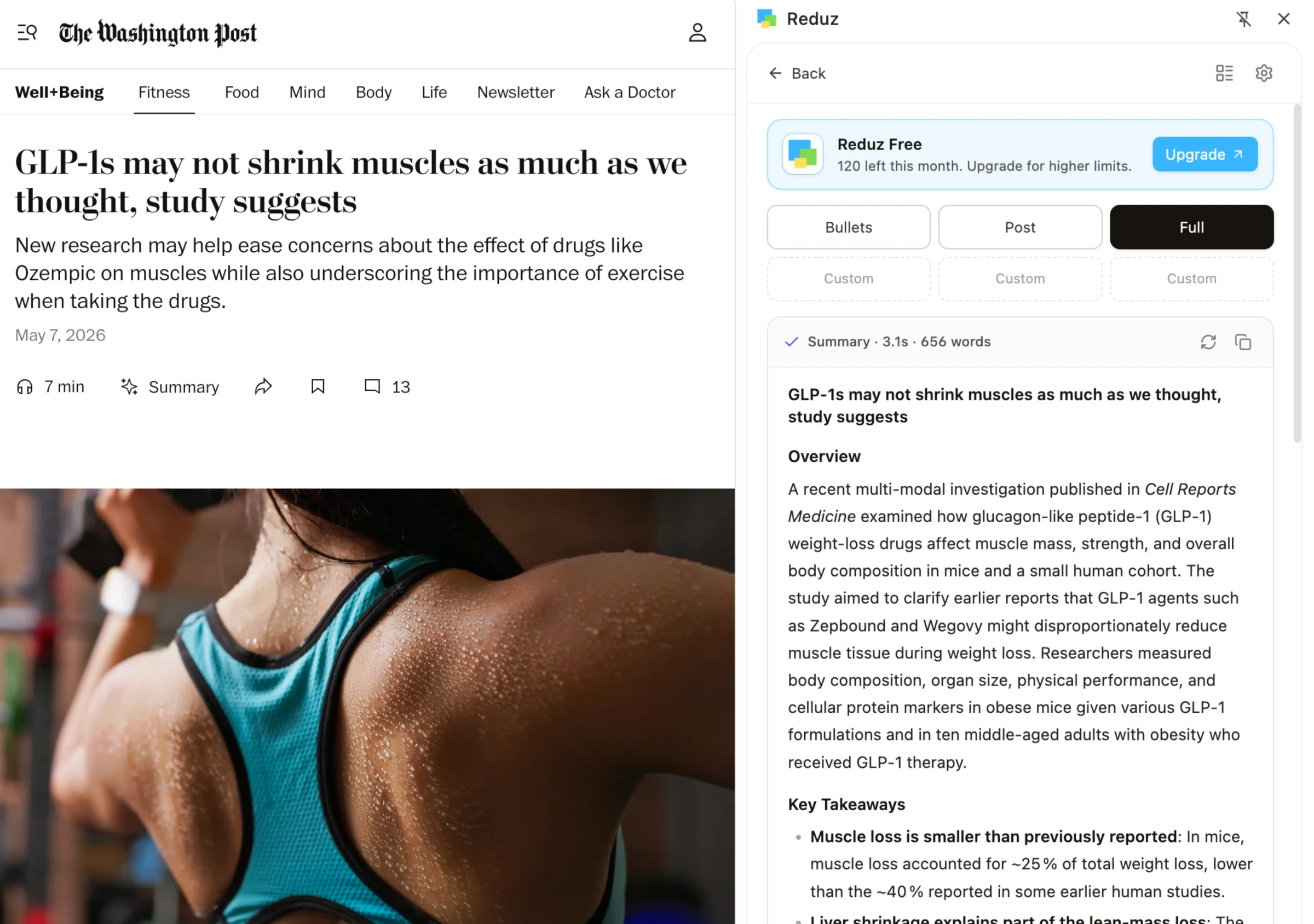 Reduz Chrome extension summarizing a Washington Post health article in a side panel