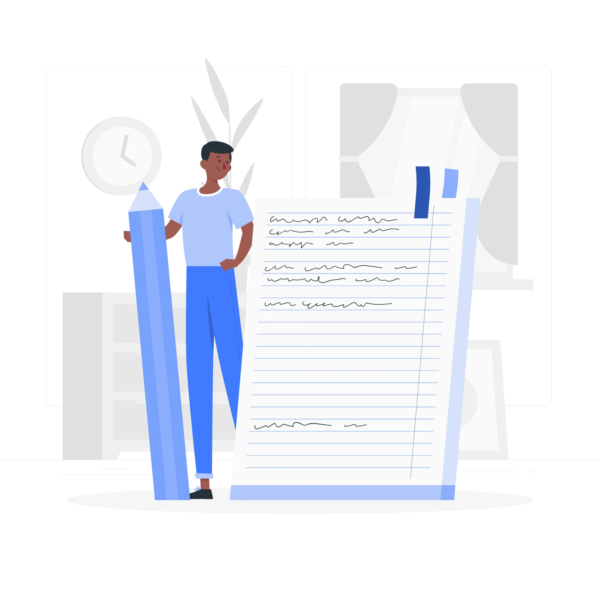 Illustration of a person taking structured notes in a notebook with ideas around them