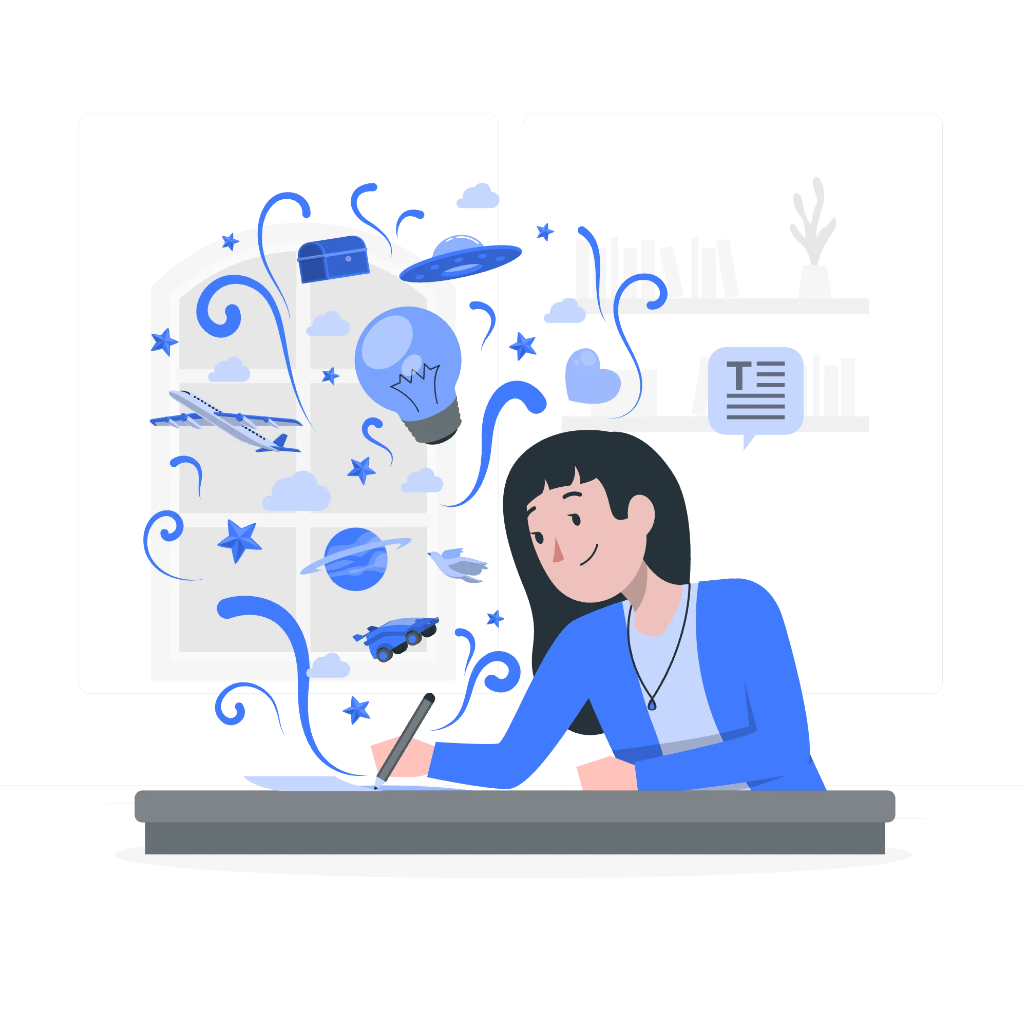 Illustration of a writer at a desk drafting and reading articles